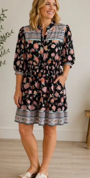 Umgee Black Floral Midi Dress with Pink and Peach Blooms thumbnail 1