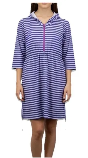 Title Nine 3/4 Sleeve Purple Striped 1/2‎ Zip Hooded Athleisure Dress Pockets XL thumbnail 1