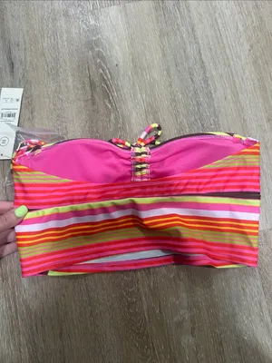 No Boundaries Neon Pink Multi-Stripe Bandeau Bikini Top thumbnail 2