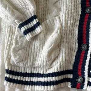 American Eagle Classic White Cable Knit Cardigan with Navy and Red Accents thumbnail 5