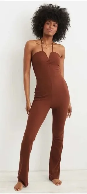 NEW Aerie Brown Halter Ribbed Slim Flare V-neck Boho Casual Jumpsuit XXL thumbnail 1