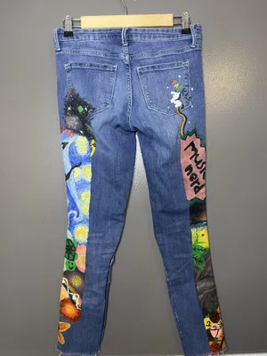 Gap Jeans Hand Painted Women 2 Medium Wash Blue Mid Rise Flare Unicorn Art thumbnail 9