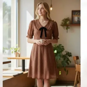 NWOT Blu Pepper POLKA DOT COLLARED VELVET TIE MINI BABYDOLL DRESS RUST BROWN thumbnail 2