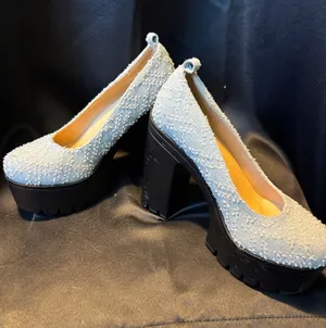 Light‎ Wash Distressed Denim Platform Pumps Chunky Black Lug Sole Block Heel Y2K Blue Size 7 thumbnail 1