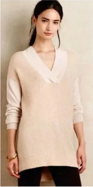 Anthropologie Moth Two Tone Cream Wool Alpaca Blend Sweater‎ V-Neck Size Small thumbnail 1
