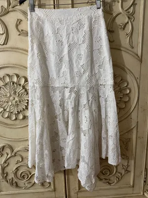 KARINA GRIMALDI 100% Cotton White Lace Tiered Eyelet Maxi Skirt Size Small thumbnail 6
