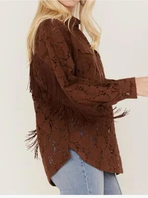 Shyanne Western Brown Lace-Overlay Frnge Shirt Jacket Size Large A1 thumbnail 3
