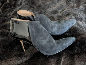 White House Black Market Eliza Black Suede Leather Bootie Heels, Size 8 thumbnail 1
