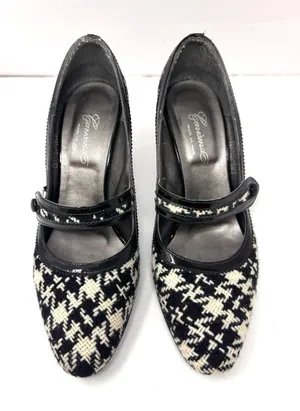 CARISMA black/white houndstooth fabric & leather Mary Janes, Italy, size 8.5 thumbnail 1