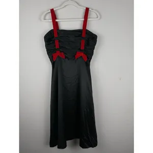 Betsey Johnson NY Vintage 90s Y2K Black Silk Red Velvet Bow Dress Gown Goth Punk thumbnail 4