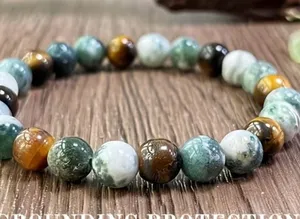 Tiger Eye & Tree Agate Beaded Stretch Bracelet - Green, Brown, White 8mm thumbnail 1