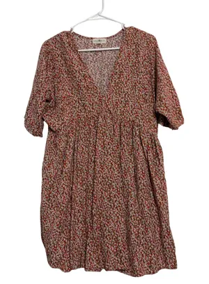 Natural Life Babydoll Mini Dress Floral Red V-Neck Pockets M thumbnail 1