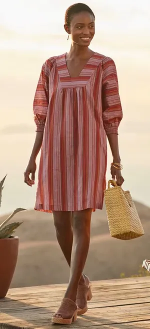 Garnet Hill Shift Dress Women L Red Orange Excellent Striped Organic Cotton Boho thumbnail 1