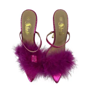 SheIn Women's Purple Fuzzy Fur Pointed Toe Slip On Gold Stiletto Heels Sandals 8 thumbnail 2