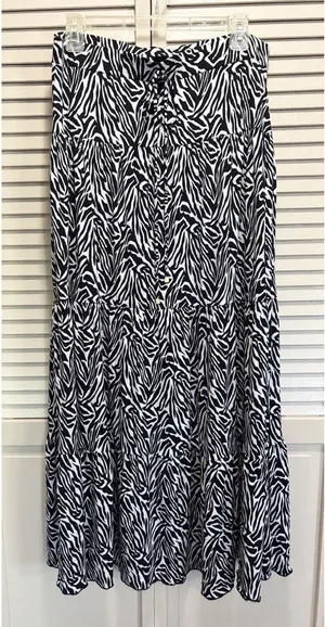 Style & Co Zebra Print Maxi Skirt A-line Size M Elastic/Tie Waist Blk/Wh‎ Tiered thumbnail 1