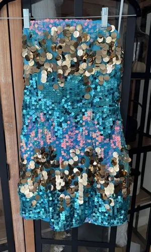 Mermaid core sequin dress mini bodycon strapless discs metallic shiny iridescent thumbnail 1