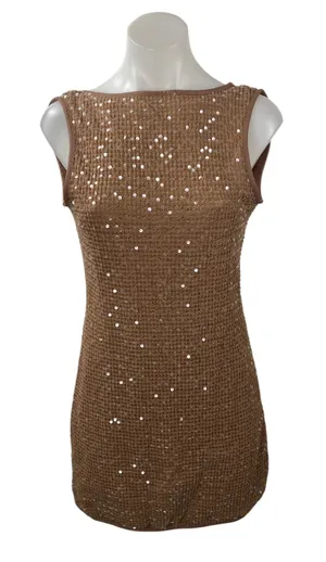 NEW Missguided Brown Sequin Boat Neck Waffle Knit Open Back Mini Dress Size S thumbnail 1