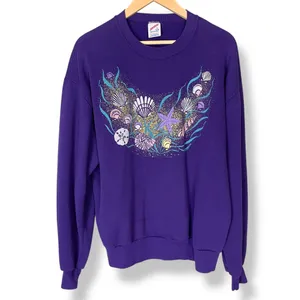 Vintage 90s Sweatshirt Seashells Glitter Gold‎ Ocean Women Size Large Purple Top thumbnail 2