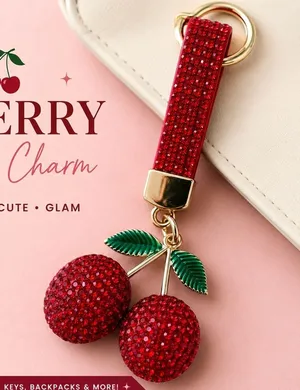 Cherry Rhinestone Bag Charm / Keychain Sparkly Red Fruit Gold Tone NWOT thumbnail 1