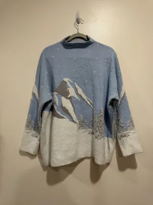 Rachel Zoe Blue White Mountain Snowy Winter Fuzzy Sweater Size 2x thumbnail 2