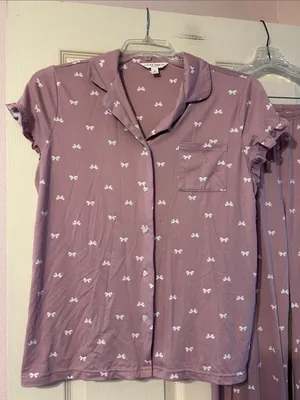 Laura Ashley Mauve Bow-Print Short Sleeve Pajama Set Medium thumbnail 2