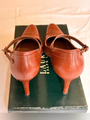 Lauren Ralph Lauren Belinda Cognac Brown Leather Mary Jane Heels Size 8.5 B thumbnail 2