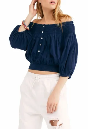 Free People We the Free Navy Blue Dancing Till Dawn Off Shoulder Crop Top XS thumbnail 1