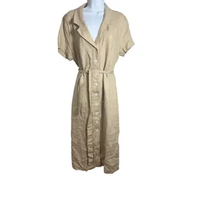 Quince 100% European Linen Button Front Belted Midi Shirt Dress Sand Beige L thumbnail 4