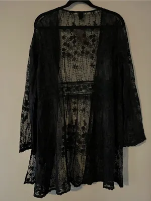 NWT Black Floral Lace Sheer Kimono Duster Cardigan Large Open Front Romantic thumbnail 5