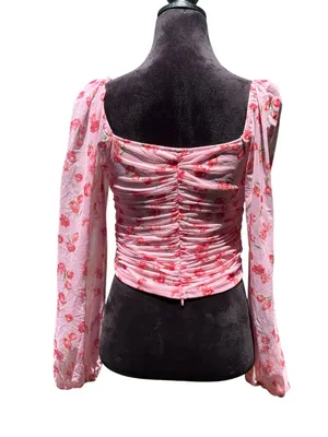 Fore Pink‎ Floral Mesh Ruched Bustier Crop Top Long Sleeve Square Neck Size L thumbnail 8
