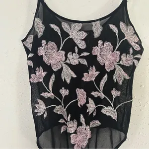 Express Black Sheer Bodysuit Pink Floral Embroidery Party Medium Going Out thumbnail 4