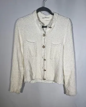 Mango Womens Tweed Textured Button Down Cardigan Sweater Small thumbnail 1