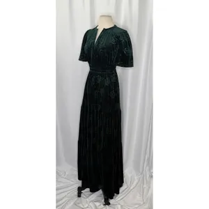 BALTIC BORN Green Velvet Artemis Maxi Dress Tonal Floral Smocked Flutter Small thumbnail 4