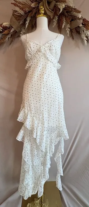 White Polka Dot Ruffle Maxi Dress with Spaghetti Straps Size M thumbnail 1