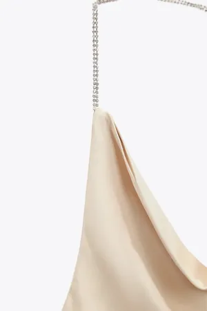 ZARA Satin Like Beige Tan Stones Party Cocktail Wedding Mini Dress thumbnail 7