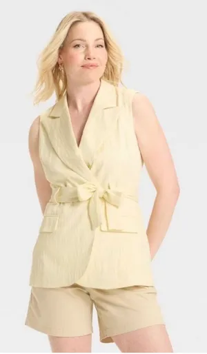 A‎ New Day Womens Sleeveless Blazer Vest Cream Yellow Belted Textured Large NEW thumbnail 1