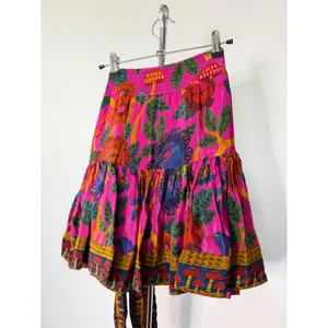 Farm Rio Mini Skirt Pink Tropical Bird Mushroom Print Wrap Tie Tiered Ruffle M thumbnail 4