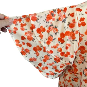 Floral Top XL Cream Orange Short Sleeve Flutter Soft Silk Coquette Feminine Boho thumbnail 4