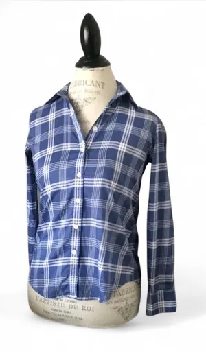 Banana Republic ‘Soft Wash’ Blue & White Plaid Button Up Blouse Sz XXS thumbnail 1