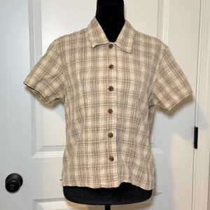 Woolrich Womens 90s Khaki Plaid Cotton Short Sleeve Button Up Shirt Size M thumbnail 1