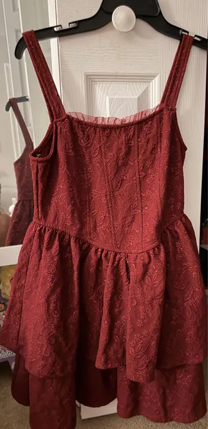 Francesca's Maroon corset dress with floral pattern thumbnail 2