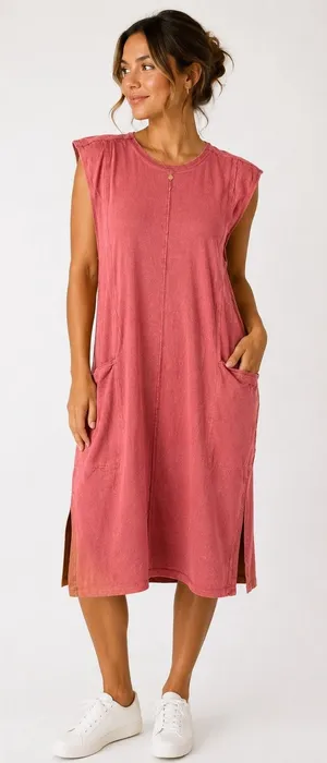Oli & Hali Orange Mineral Wash Sleeveless Midi Dress S Pocket Boho thumbnail 1