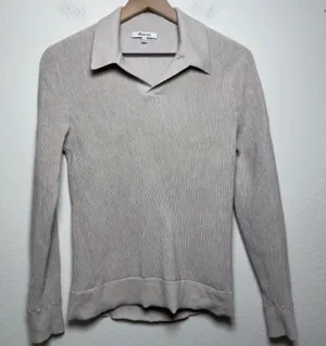 Madewell Womens 100% Merino Wool Sweater S Beige Ribbed Polo‎ Preppy Academia thumbnail 1