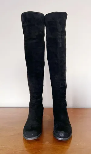 Stuart Weitzman • 5050 Stretch Suede Boots black tall low heel knee high otk thumbnail 5