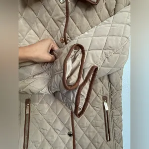 Michael Kors Quilted Jacket Tan Brown Trim Gold Zip Snap Coat Small thumbnail 7