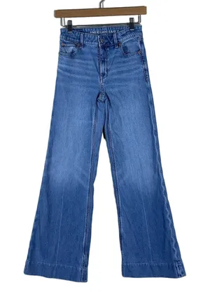 American Eagle High Rise Flare Solid Jeans Blue Retro Boho Stretch Size 000 thumbnail 1