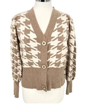 Joie Beige Houndstooth Puff Sleeve Cardigan Sweater Dark Light Academia Medium thumbnail 1