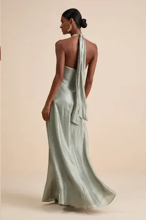 Lulus Canley Sage Satin Cross-Front Halter Maxi Dress thumbnail 2