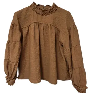 Womens Peasant Ruffle Boho Loose Blouse Size Large Mustard Yellow Flowy Rave thumbnail 1