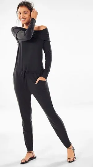 Fabletics‎ "Tess" Black Off The Shoulder Lounge Causal Jumpsuit Sz XS thumbnail 1